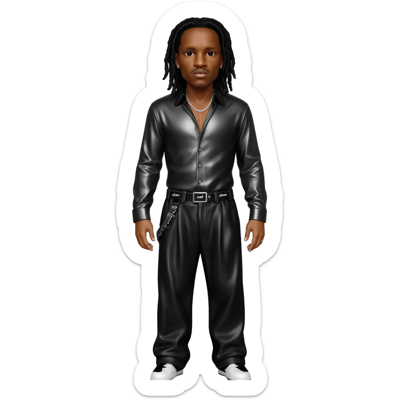 Layzie Bone with tan skin, long black hair, black metallic shirt, black metallic baggy pants, silver necklace sticker