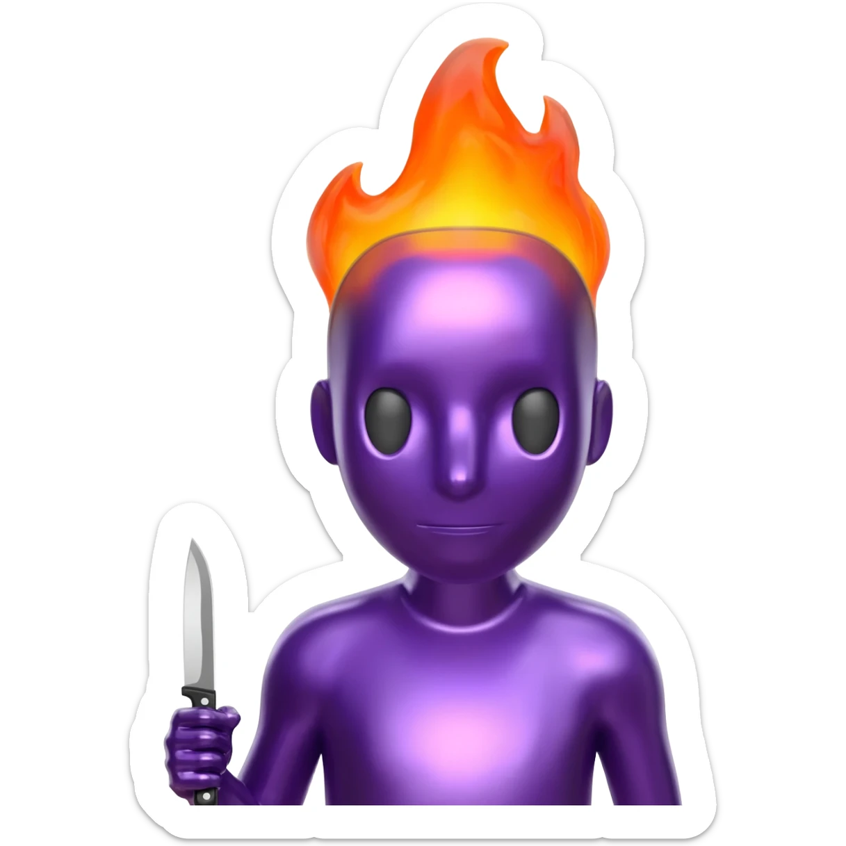 A purple shiny character with a flame head and holding a small knife. sticker