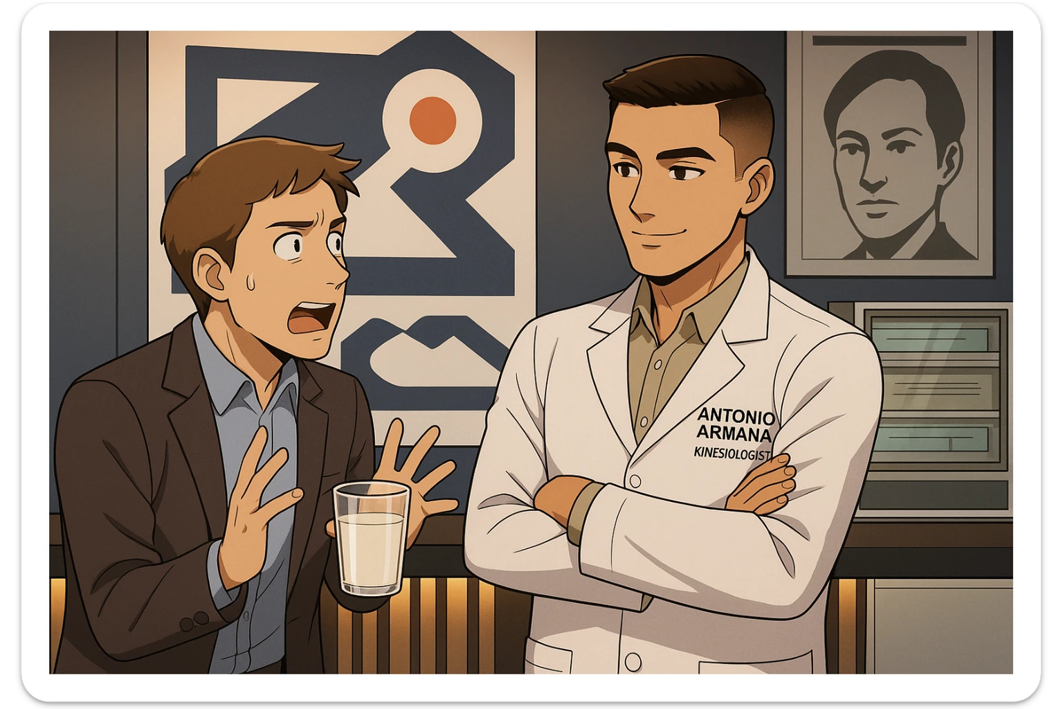 fai un webtoon manga a colori con questo stile, in cui un uomo chiede al kinesiologo con il camice bianco (fagli anche la scritta "ANTONIO ANANIA" SUL CAMICE, una domanda e il kinesiologo gli risponde, L'UOMO INDICA IL BICCHIERE DI LATTE CHE HA IN MANO ED è MOLTO ALLARMATO NEL FARE LA DOMANDA. non fare i fumetti però, fai solo in modo che sembri stiano parlando sticker