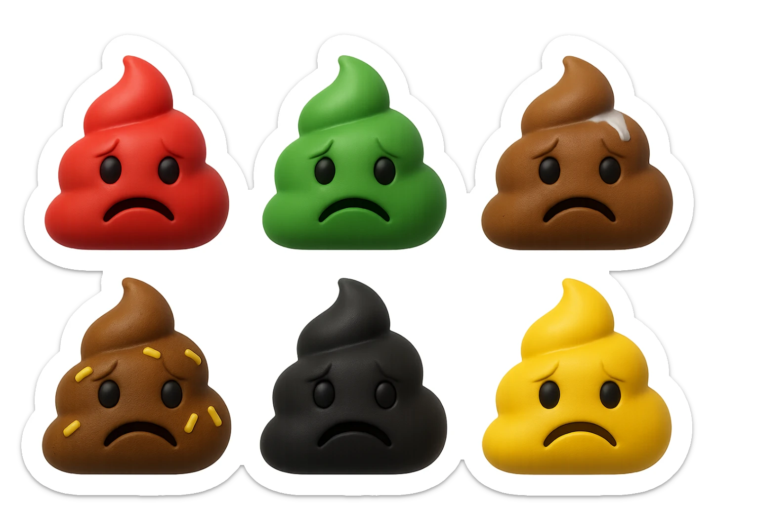 emoji stile iphone 3d di una cacca di colore rosso, una cacca di colore verde, una cacca di colore marrone con muco bianco visibile sopra,  una cacca di colore marrone con penne di pasta a pezzetti visibili all'interno di essa,  una cacca di colore nero e una cacca di colore giallo, tutte le cacche hanno un espressione triste, iperrealistiche 4k sticker
