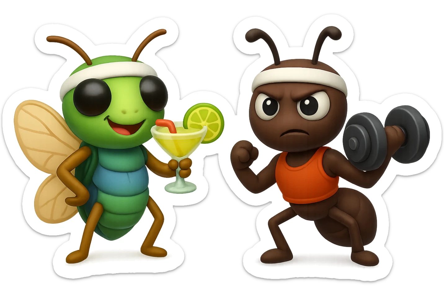 EMOJI STILE IPHONE 3D DI UNA CICALA E UNA FORMICA IN ABITI FITNESS, LA CICALA HA IN MANO UN COCKTAIL MENTRE LA FORMICA HA IN MANO UN MANUBRIO DA PALESTRA. L'IMMAGINE RAPPRESENTA IL FATTO CHE LA FORMICA VOGLIA IMPEGNARSI REALMENTE PER CAMBIARE IL SUO FISICO MENTRE LA CICALA SI VUOLE DIVERTIRE E NON CONCLUDE NULLA ALLA FINE sticker