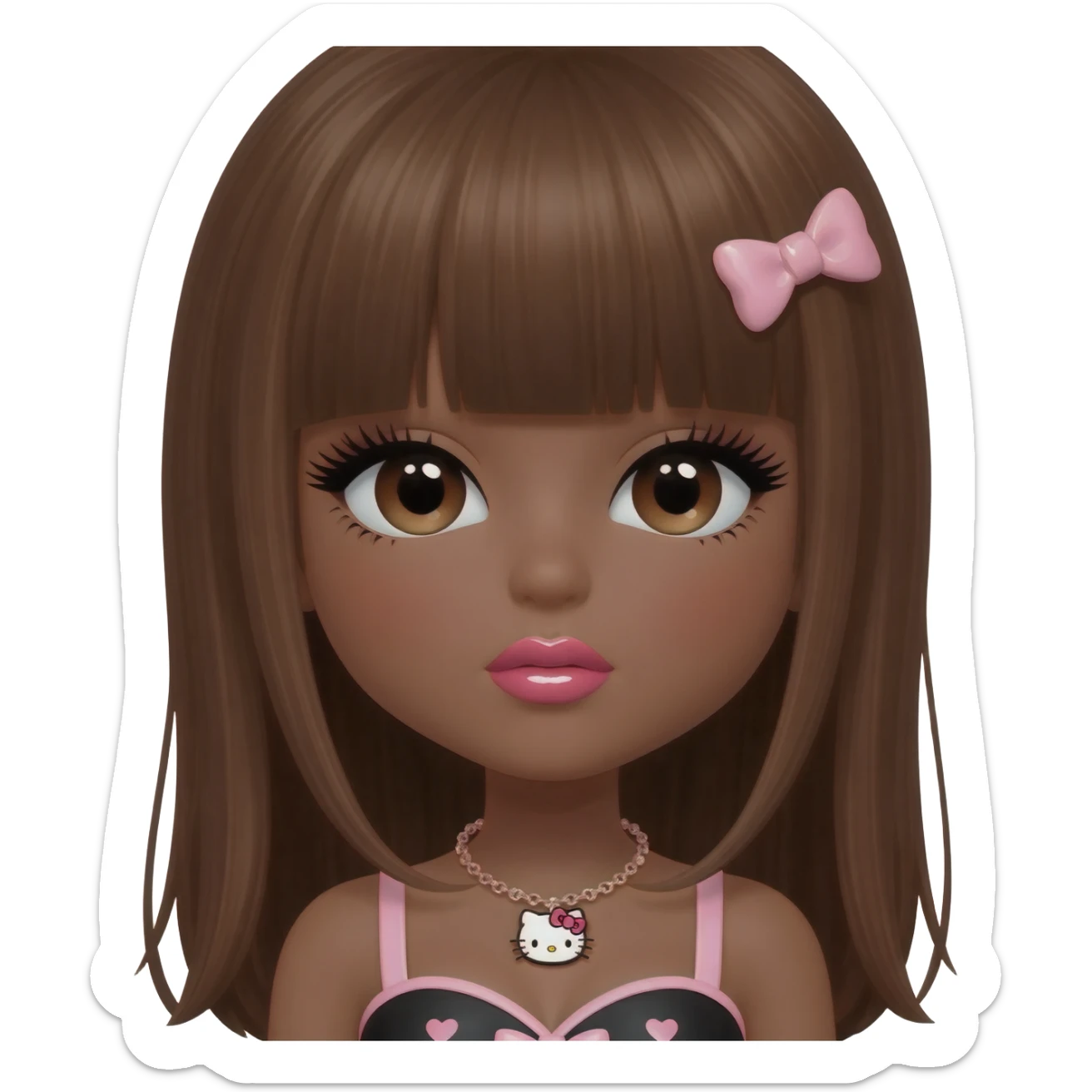 heart shaped lips, cute glossy lips, doll eyes with long lashes, dark brown skin, long brown hair, big chest, hello kitty necklace, one bow clip, bimbocore outfit, sticker