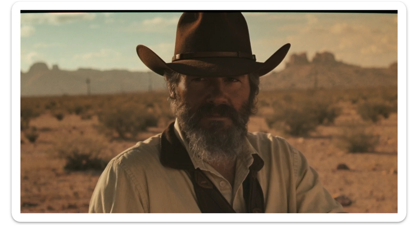 Cinematic , documentary photography, top angle medium shot, cowboy look eye brave, hard light golden hour, desert arizona, shot on IMAX Camera, 80s movie sticker