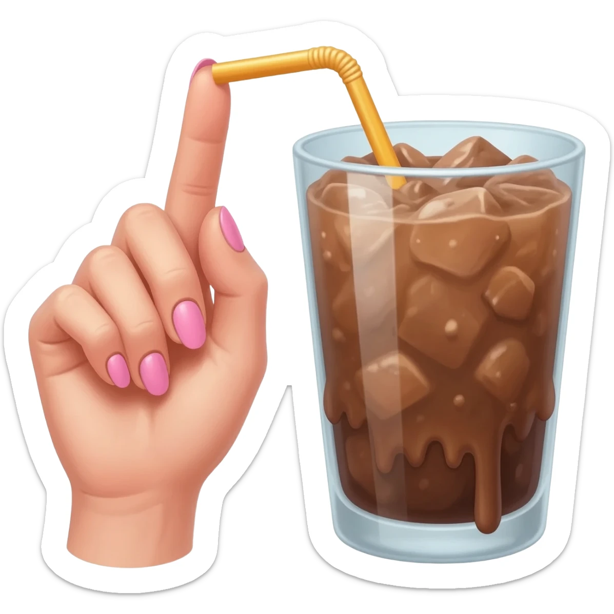 chocolat froid dans un grand verre avec une paille tenue par le bout d'une jolie main de femme avec une belle manucure Style Pinterest réaliste Avec une bordure blanche rendu ultra réaliste sticker