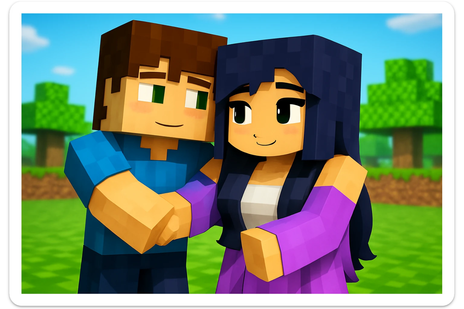 Add a happy expression to the boy and a shy expression to the girl in Minecraft style. Maintain the blocky, pixelated Minecraft aesthetic with simple, colorful textures and cubic shapes. sticker