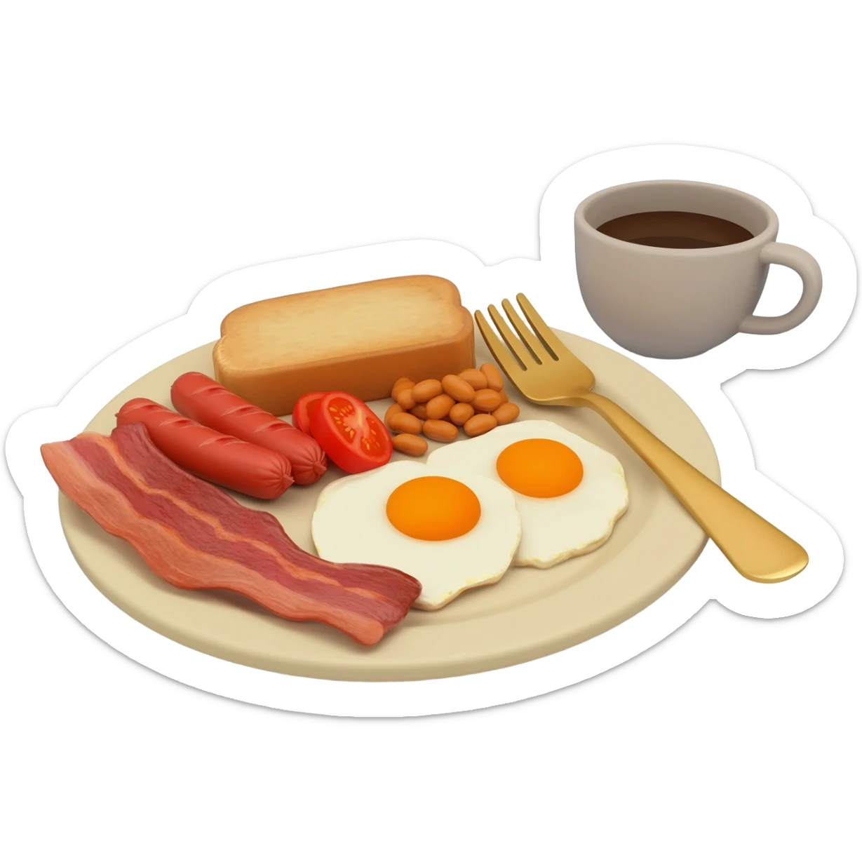 English breakfast full English breakfast with two eggs, bacon, sausage, beans, toast, and tomato оn a beautiful light beige plate with a gold fork and cup of coffee side view sticker