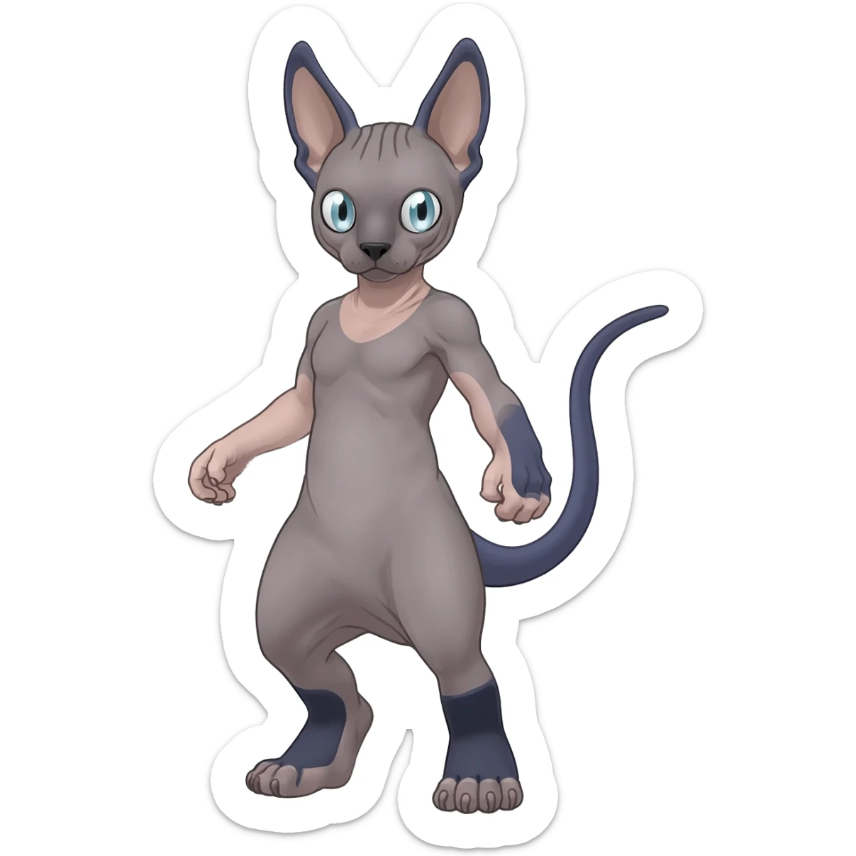 Pastel dull greyish anthropomorphic furry Mewtwo-Beerus-Minccino-Lykoi-Sphynx-hybrid-Fakémon-fusion-animal-ET-species-creature, full body  sticker