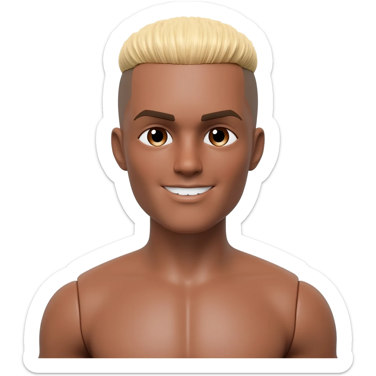 Brown skin Ken doll with buzz cut blonde short hair brown eyes slim fit with muscles, smiling sticker