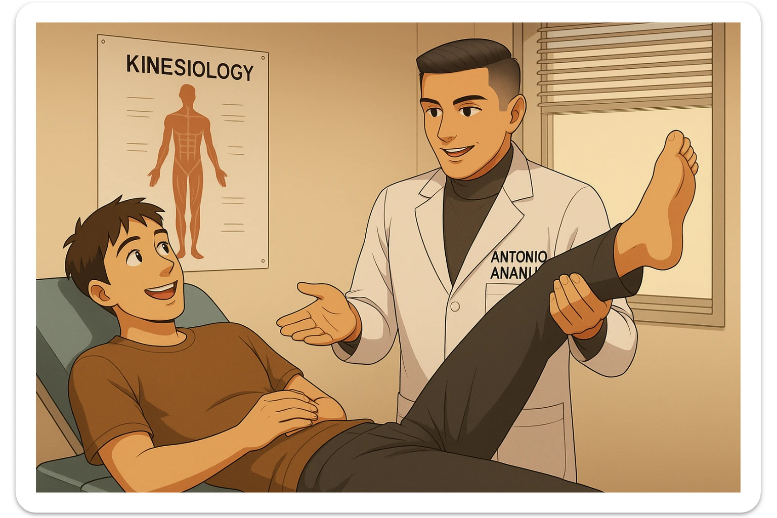 su questo lettino rappresenta un webtoon manga a colori con questo stile, in cui un uomo è steso sul lettino medico e il kinesiologo con il camice bianco (fagli anche la scritta "ANTONIO ANANIA" SUL CAMICE, gli solleva una gamba per fargli il test neuromuscolare, IL KINESIOLOGO SPIEGA ALL'UOMO UNA cosa mentre gli alza la gamba. l'espressione dell'uomo è felice e soddisfatta, non fare i fumetti però, fai solo in modo che sembri stiano parlando sticker