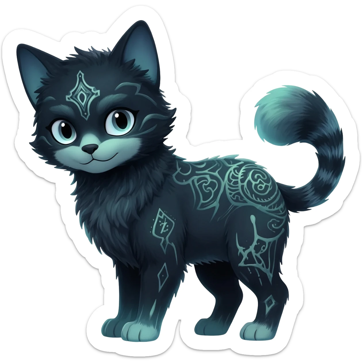 Kawaii dark cute gloomy ghoulish edgy fantasy ethereal feline-vernid-sergal-possum-monster-fursona animal creature full body with intricate markings  sticker