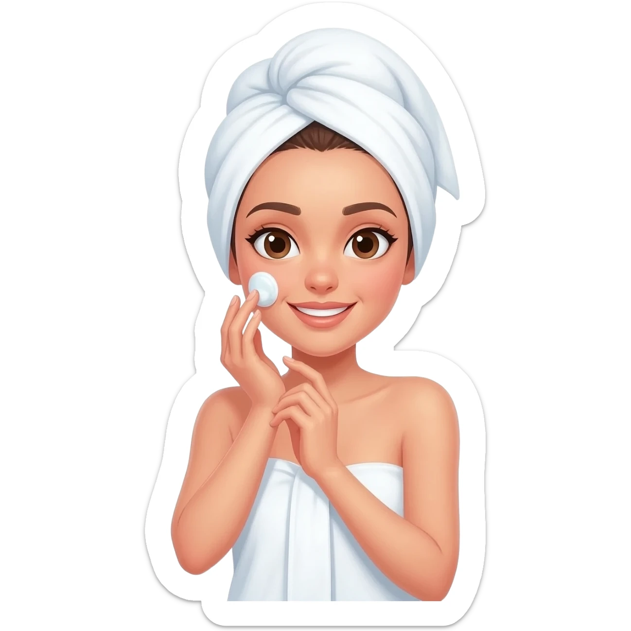 A girl wrapped in a towel, doing her skincare routine, head and body covered, radiating feminine charm. sticker