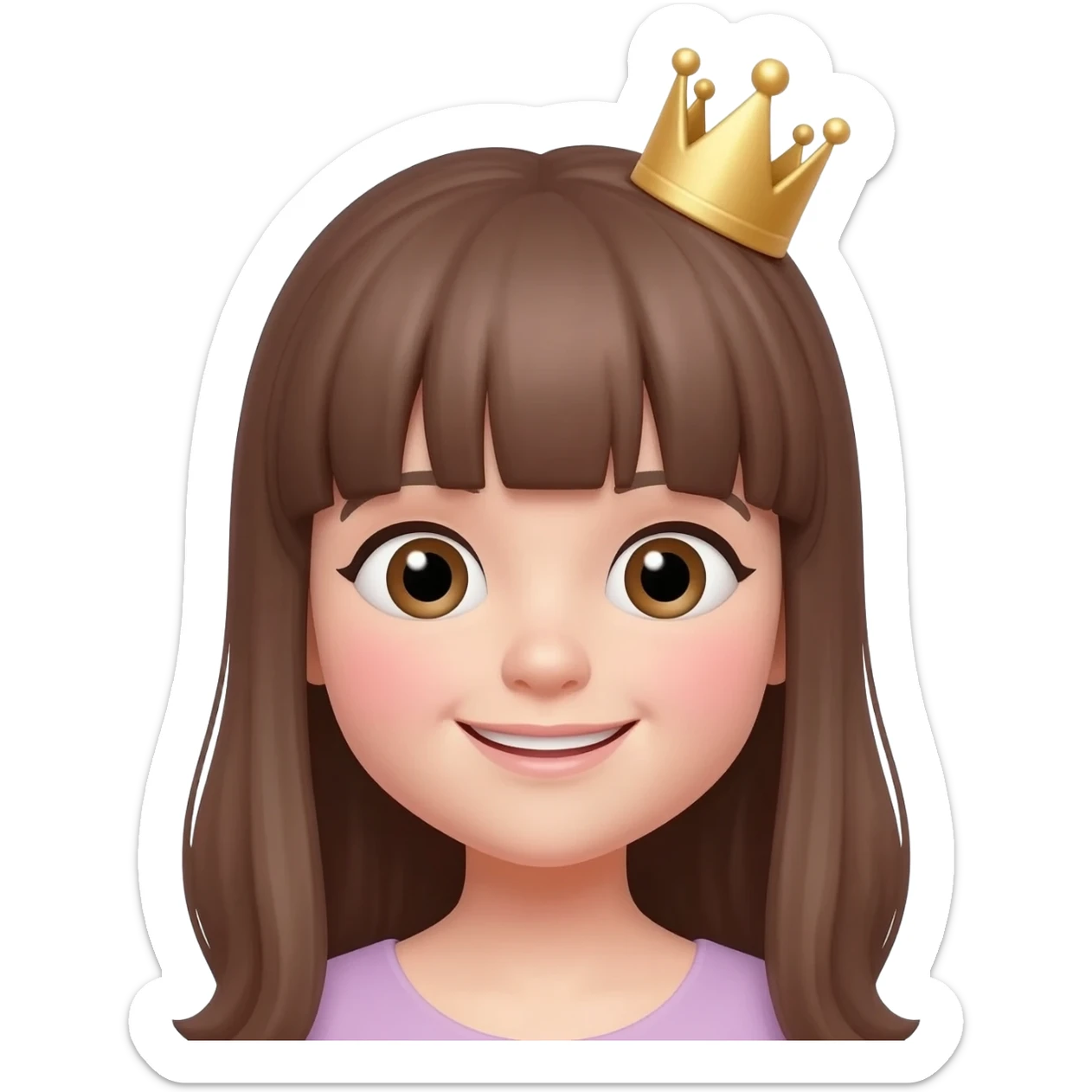 Cute emoji girl with princess vibes, fair skin, long straight brown hair with bangs, small crown, sweet smile, big emoji eyes, kawaii style, soft pastel colors, transparent background. sticker