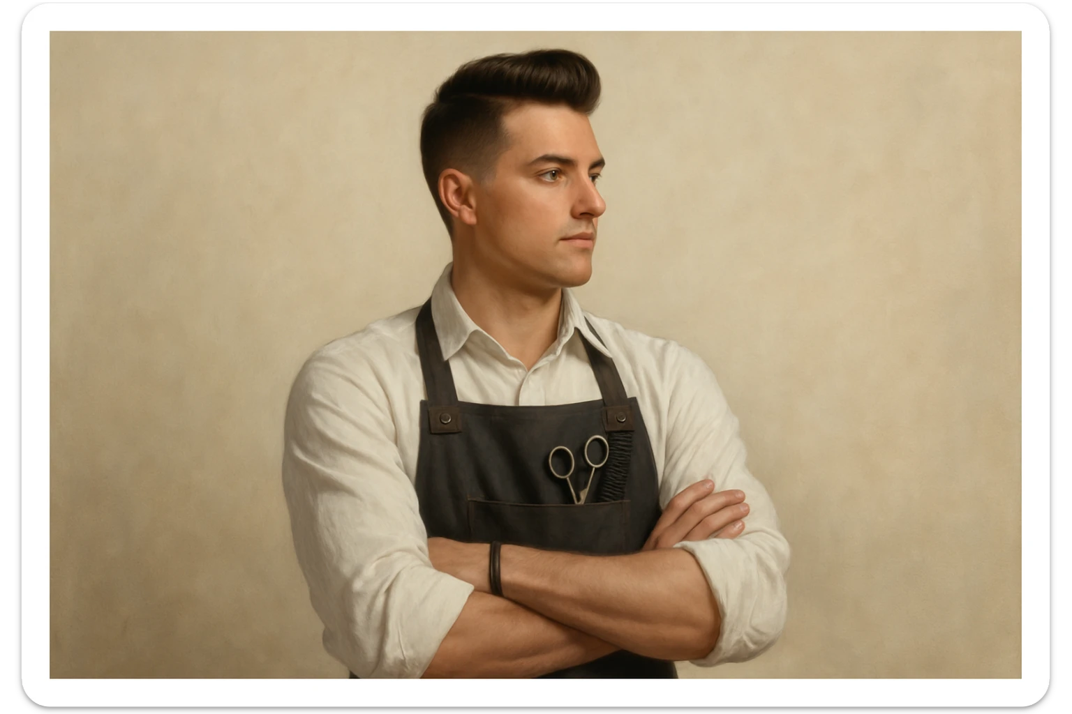 shu pozada turgan faqat o'ng tarafga qarab turgan sartarosh ustani tasvirlab ber realistik uslubda yoshi kattaroq soqol shart emas sticker