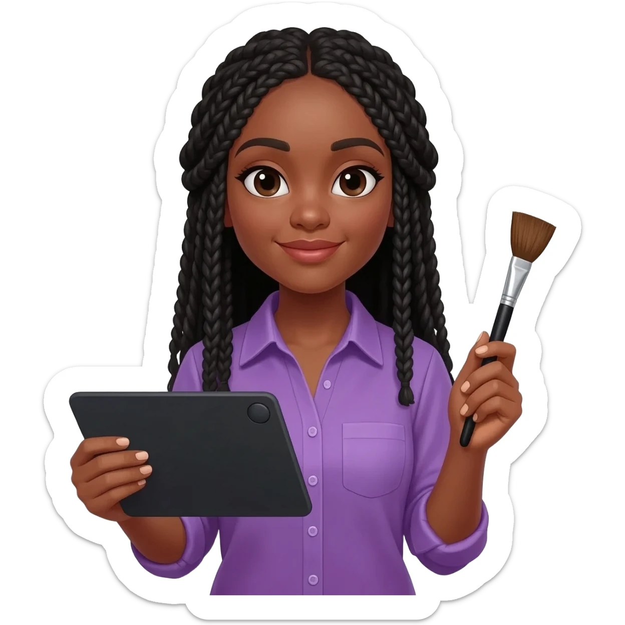 Emoji représentant une femme à la peau marron avec de longues braids noires et portant une belle chemise violette, tenant une tablette graphique dans une main et un pinceau dans l’autre sticker