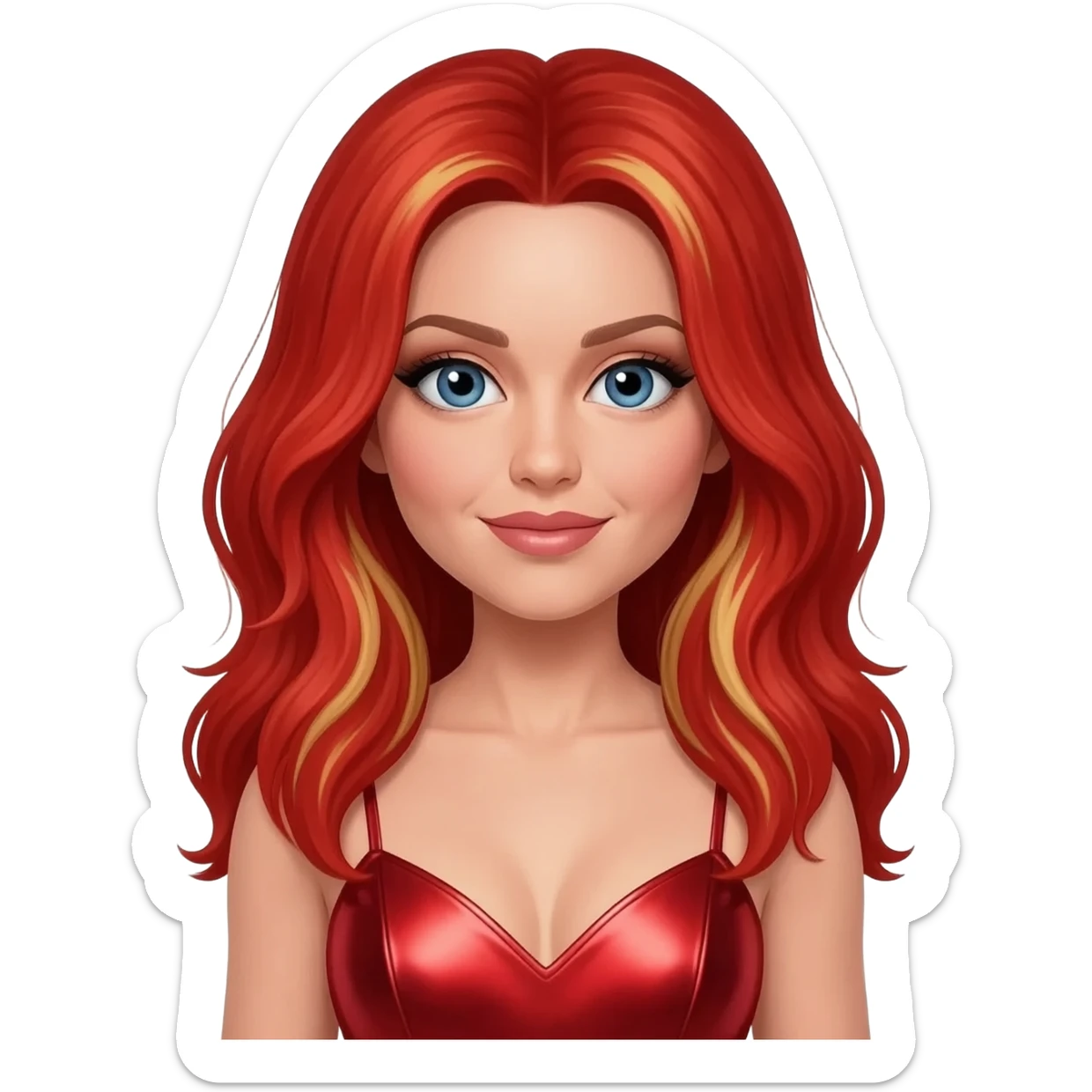 Ginger Spice from Spice Girls with blue eyes, long red hair with blonde highlights, red metallic sweetheart dress sticker