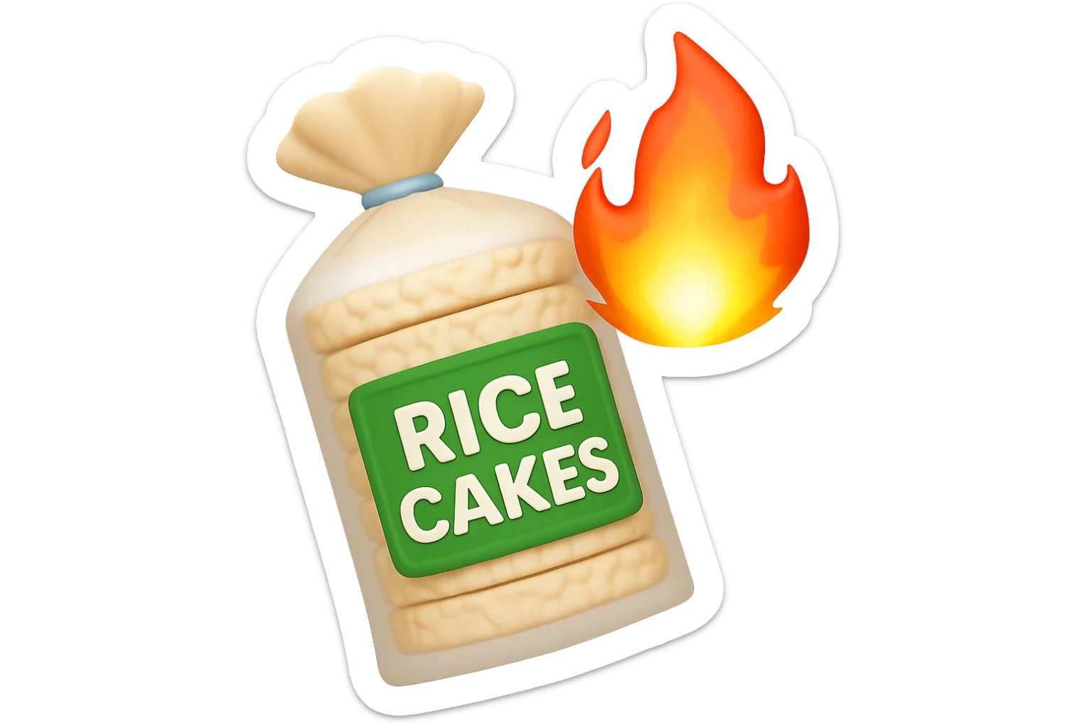 emoji stile iphone di un pacco di gallette di riso con fiamma 3d sopra sticker