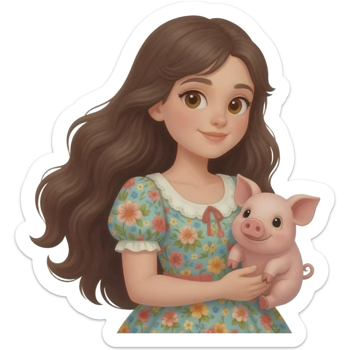 Beautiful girl brunette With long hair and a little pig sticker