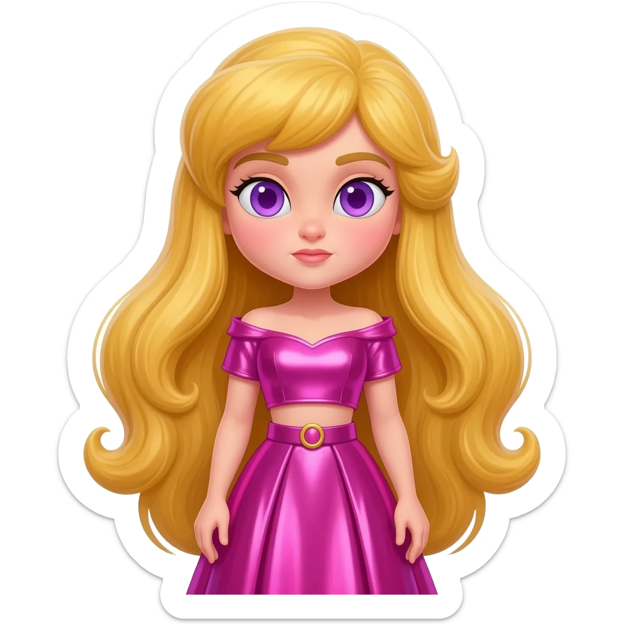 Sleeping Beauty from Disney Princess with violet eyes, long blonde hair, hot pink metallic off shoulder crop top, pink obi belt, hot pink metallic long skirt sticker