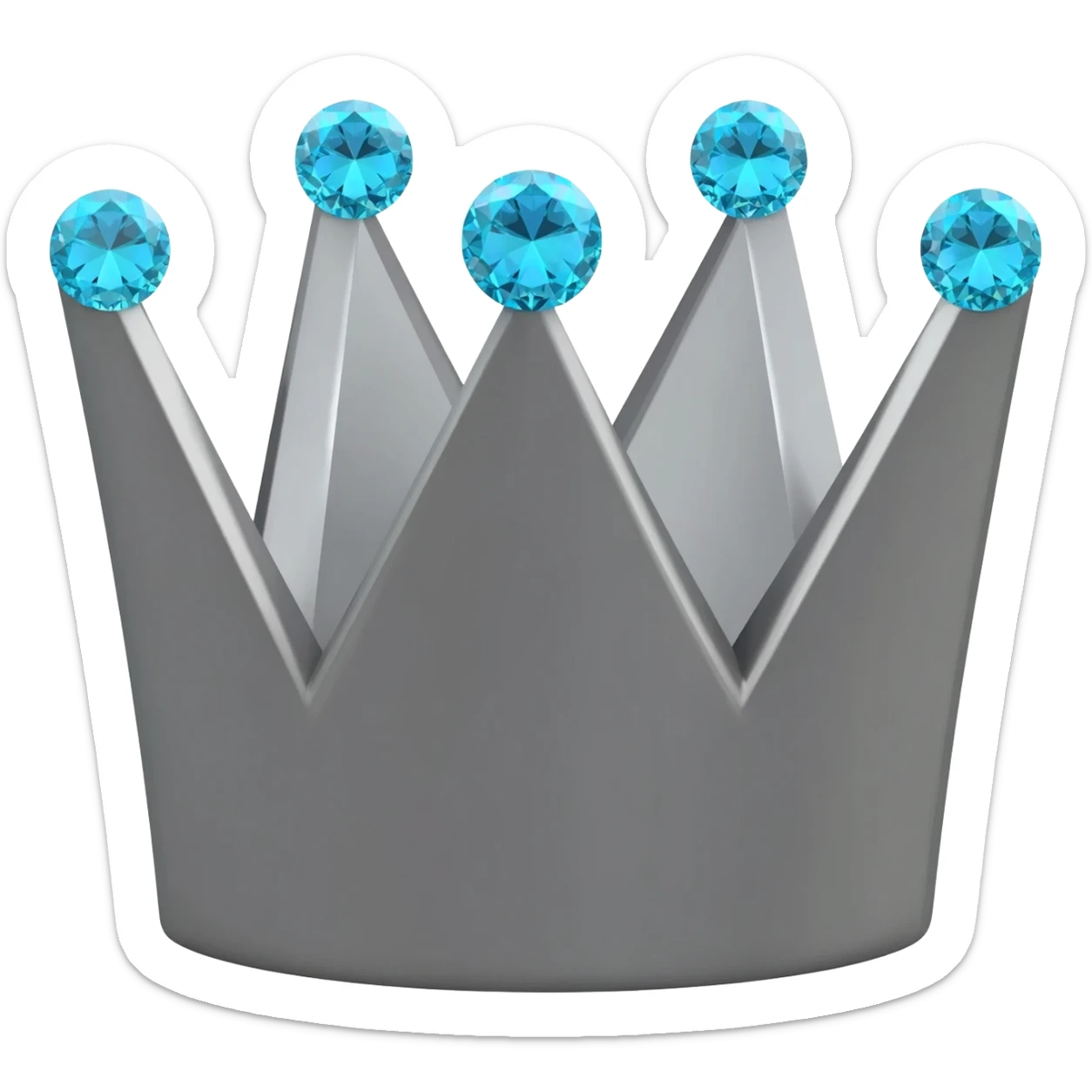 Minimalist 3D emoji based on: grey-graphite geometric crown made of cold, grey brushed steel. Integrated at the top is a severe; one large, sparkling light blue diamond is set precisely on each of its points. Soft, even lighting, isolated for sticker quality sticker