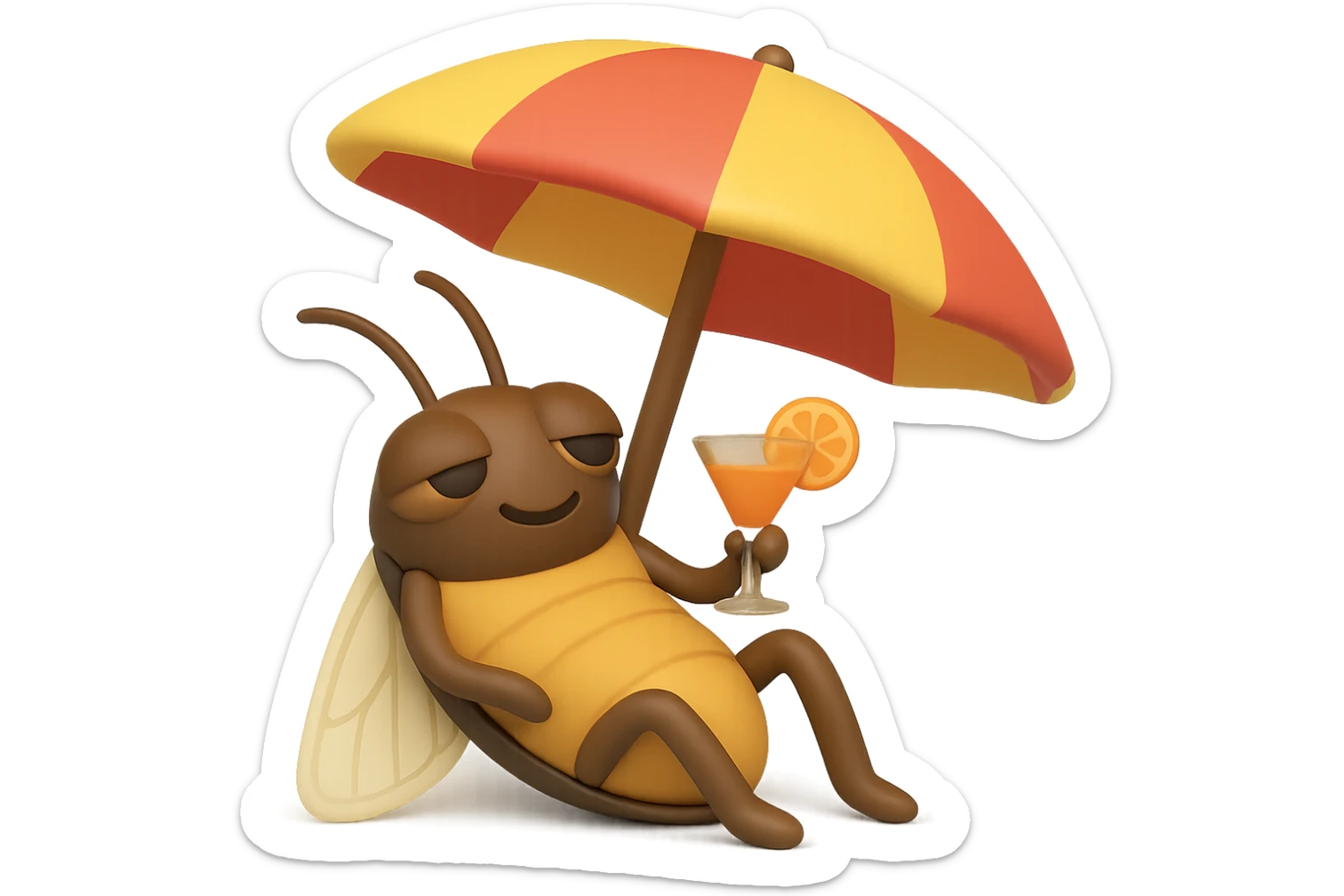 EMOJI STILE IPHONE 3D DI UNA CICALA CHE STA RILASSATA SEDUTA SOTTO L'OMBRELLONE IN SPIAGGIA CON UN COCKTAIL IN MANO sticker