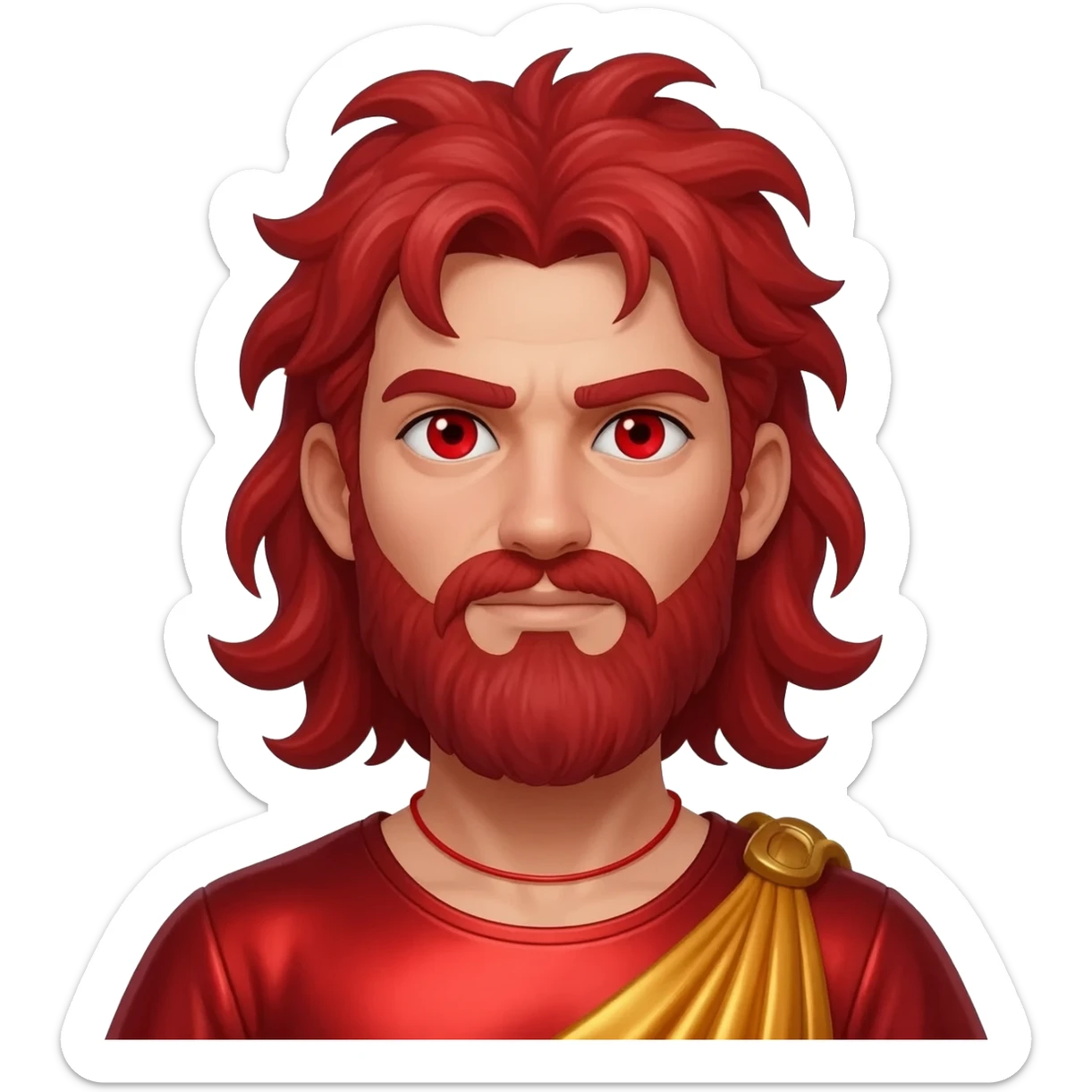 Hephaestus  from Greek Mythology with red eyes, red hair, red metallic shirt, burnt orange metallic baggy pants, red necklace sticker