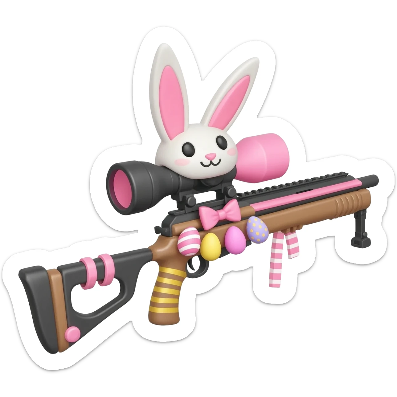 easter theme sniper rifle like with bunny ears and eggs and pink and a tie bow sticker