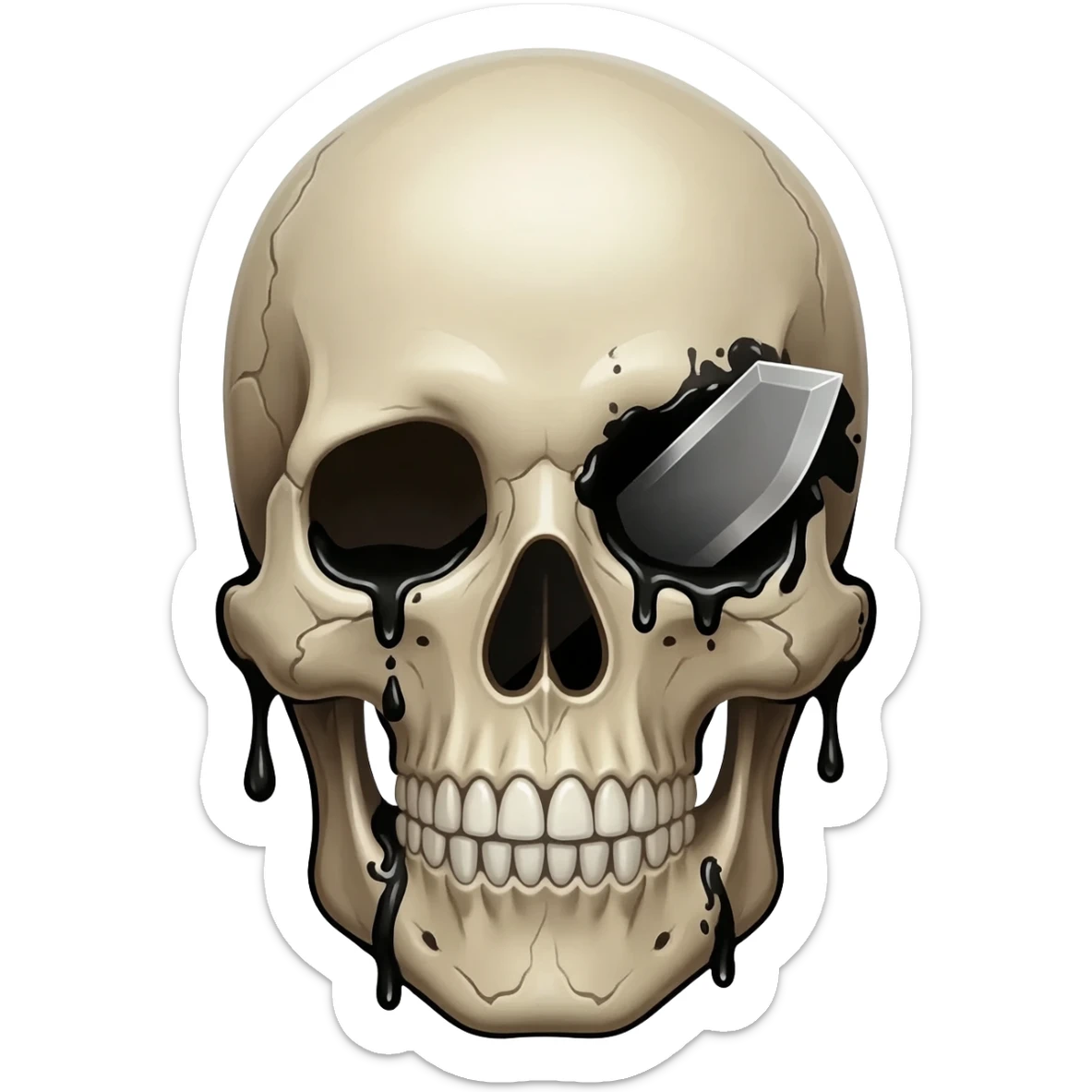 generate a skull with a knife in its head and black blood sticker