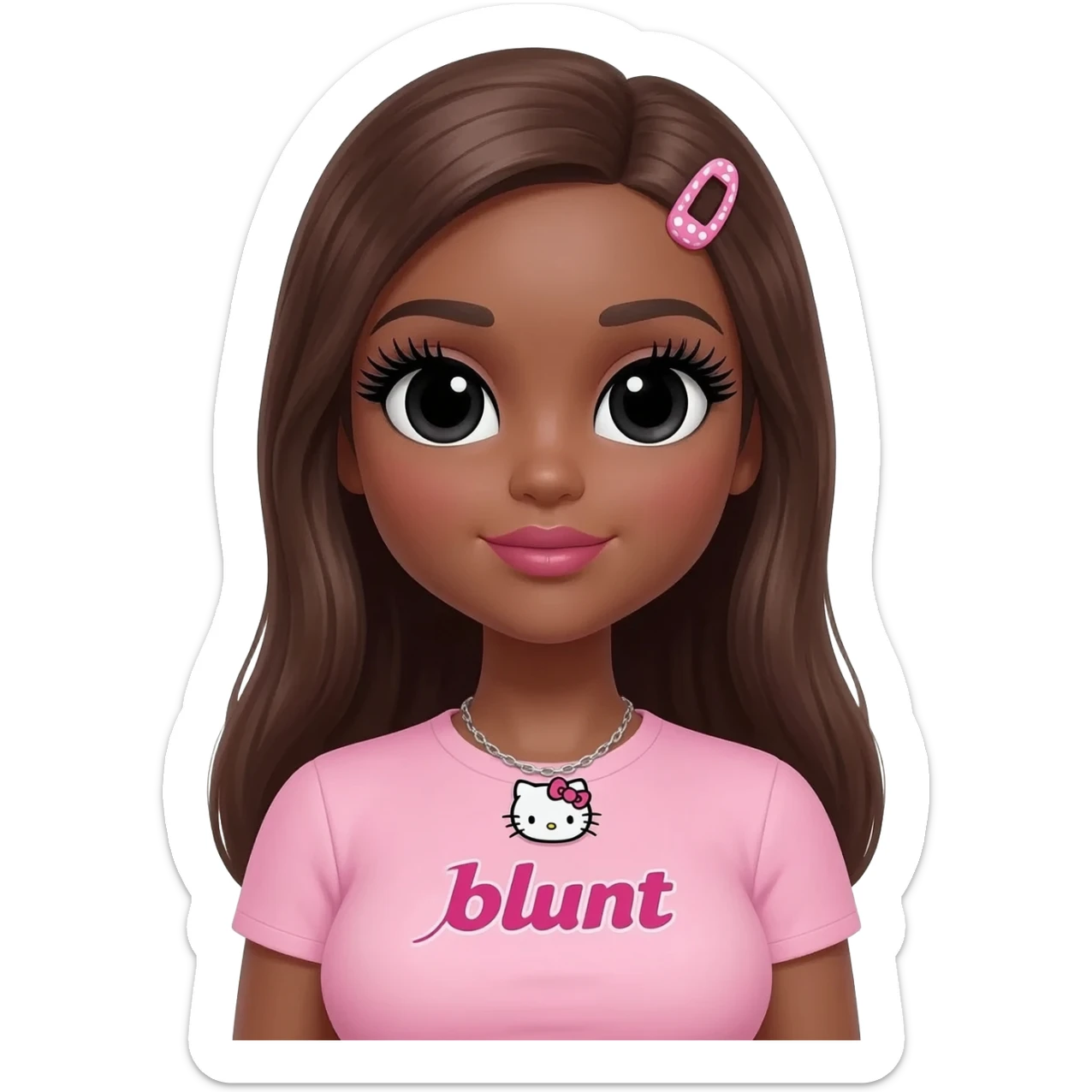 Long giant lashes, my melody hairclip, Doll faced shaped, hello kitty necklace, bimbo, black doll eyes, barbie, dark brown skin with brown hair, light pink bimbo shirt says "blunt" , big breast sticker
