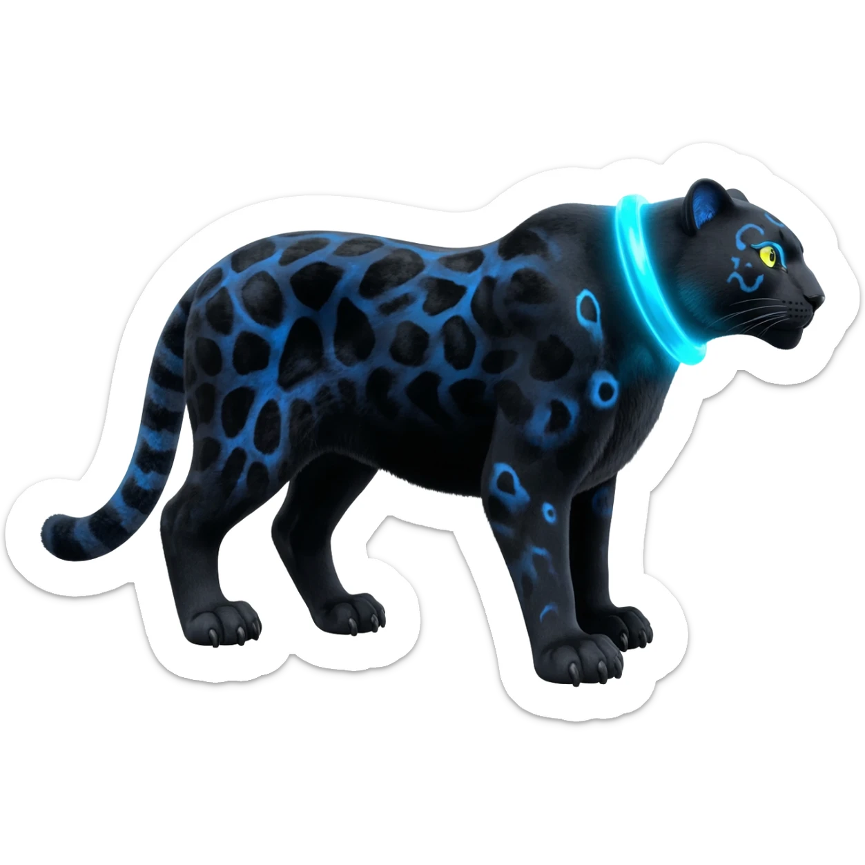 Obsidian-black fur body with bioluminescent neon glowing blue ring-markings Grem2-Gremz-Cheetah-Sergal-fusion, full body  sticker