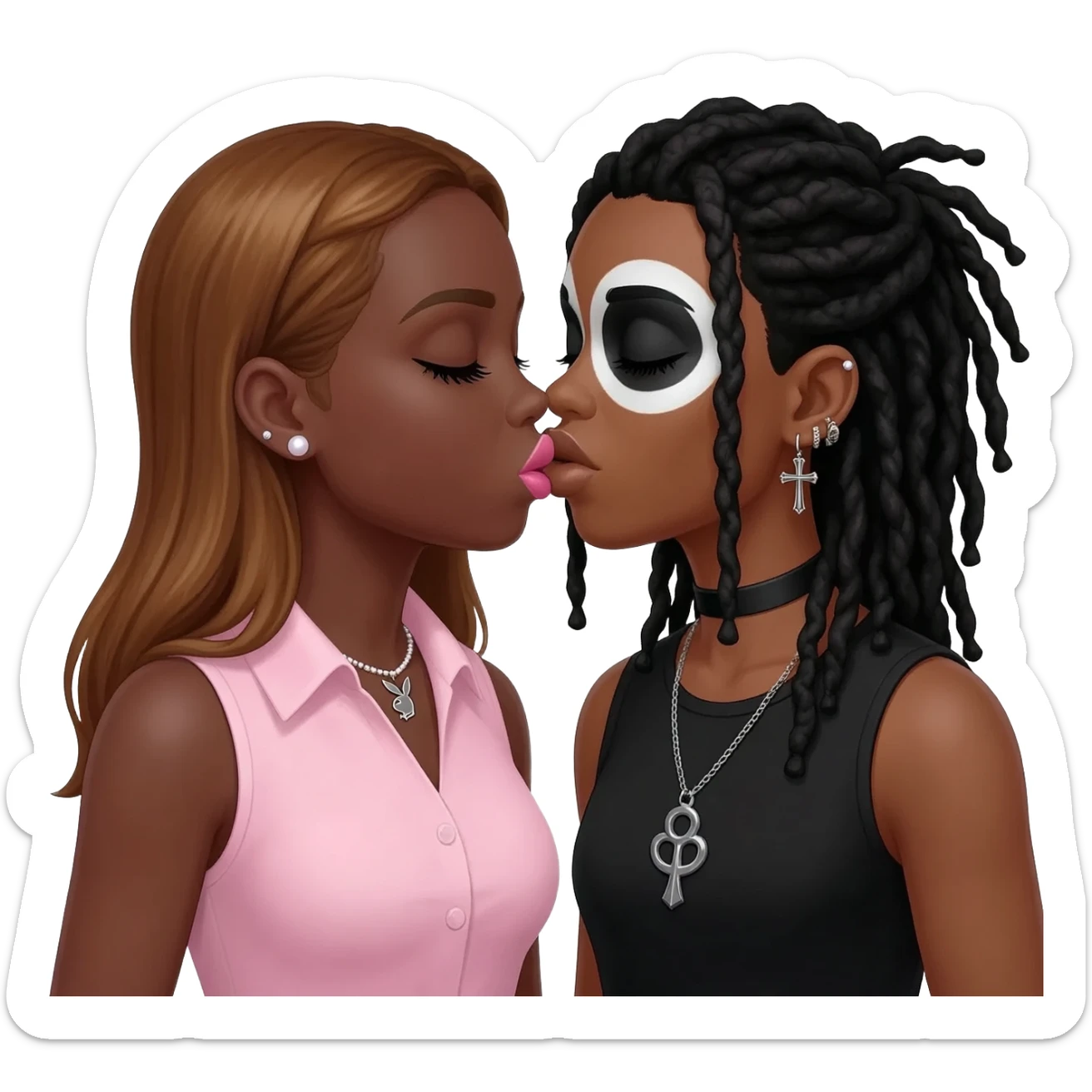 (Bimbo, pearl earrings stud, Light pink cute lips, long middle part with long honey brown hair, dark brown skin, playboy necklace with lashes, light pink sleeveless shirt, kissing the goth black girl with brown skin, cross earrings, ankh necklace with black dreadlocks with white paint on face sticker