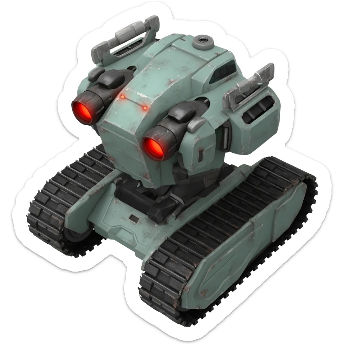 A top down view of an end level boss robot drone with tank track, in a cyber punk futuristic style far beyond what is currently available today, from the year 3000, the camera needs to be directly above the end boss robot drone looking down sticker