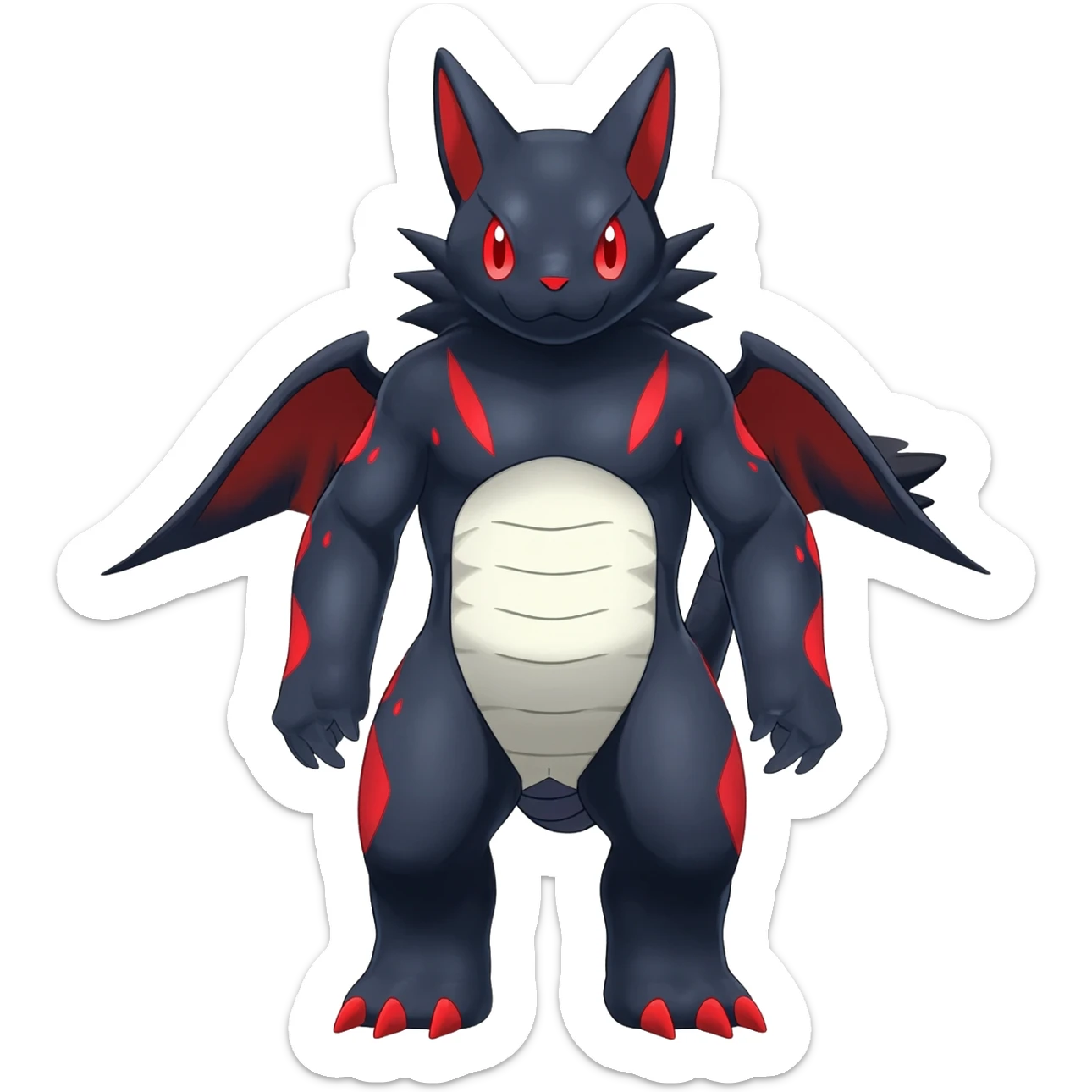 midnight blue-gray-black, with red markings, white belly, scaley Bastet-Noibat-Gatomon-Garchomp-Digimon-Fakémon-Pokémon-creature (full body) sticker