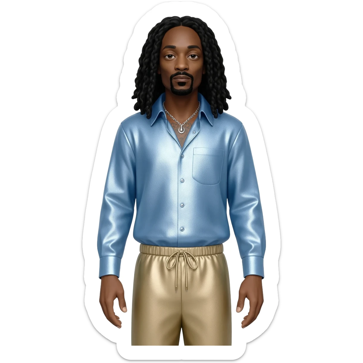 Snoop Dogg with long black hair, light blue metallic shirt, beige metallic harem pants, silver necklace sticker