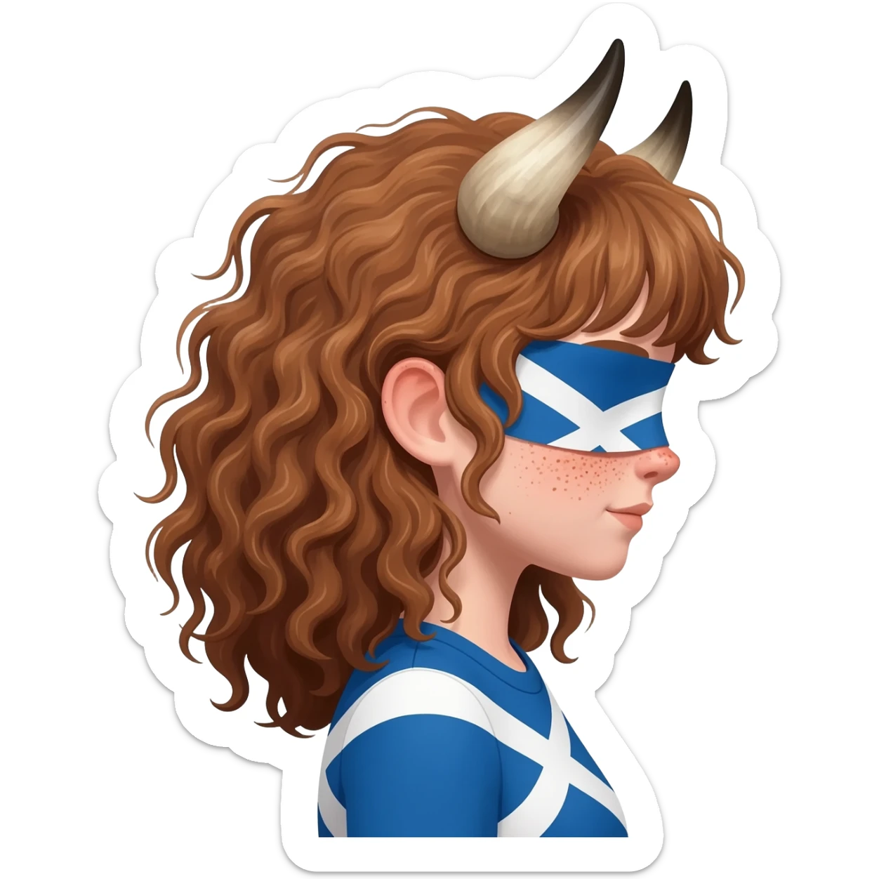 curly girl with freckles with messy light brown bangs covering the eyes with bull horns and bull ears with scottish flag on his shoulders side view sticker