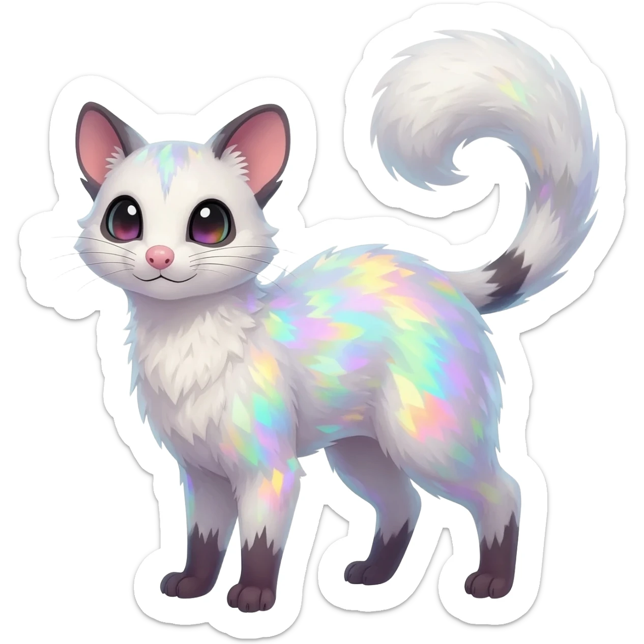 realistic  opal-bloom pearl-white fur blooming with rainbow firefly shimmer beautiful elegant pretty precious cute  Fakémon-Pokémon-opossum-feline-serval-caracal-chinchilla-Furret-Minccino-hybrid-creature with a big fluffy bushy tail (full body) sticker