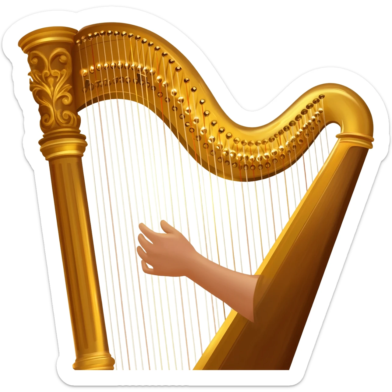 Cinematic Realistic Harp, a grand golden harp with intricately carved details, delicate strings shimmering under soft candlelight, rich wood tones adding warmth, a musician’s gentle fingers plucking a note, glowing with an ethereal and majestic aura. sticker