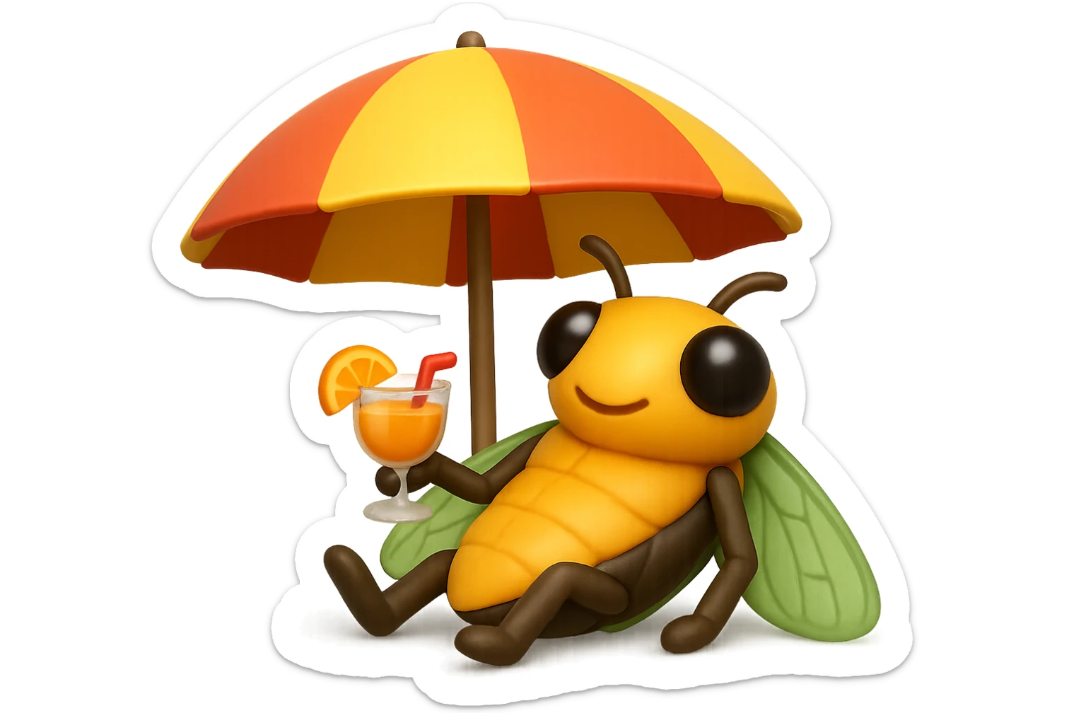 EMOJI STILE IPHONE 3D DI UNA CICALA CHE STA RILASSATA SEDUTA SOTTO L'OMBRELLONE IN SPIAGGIA CON UN COCKTAIL IN MANO sticker