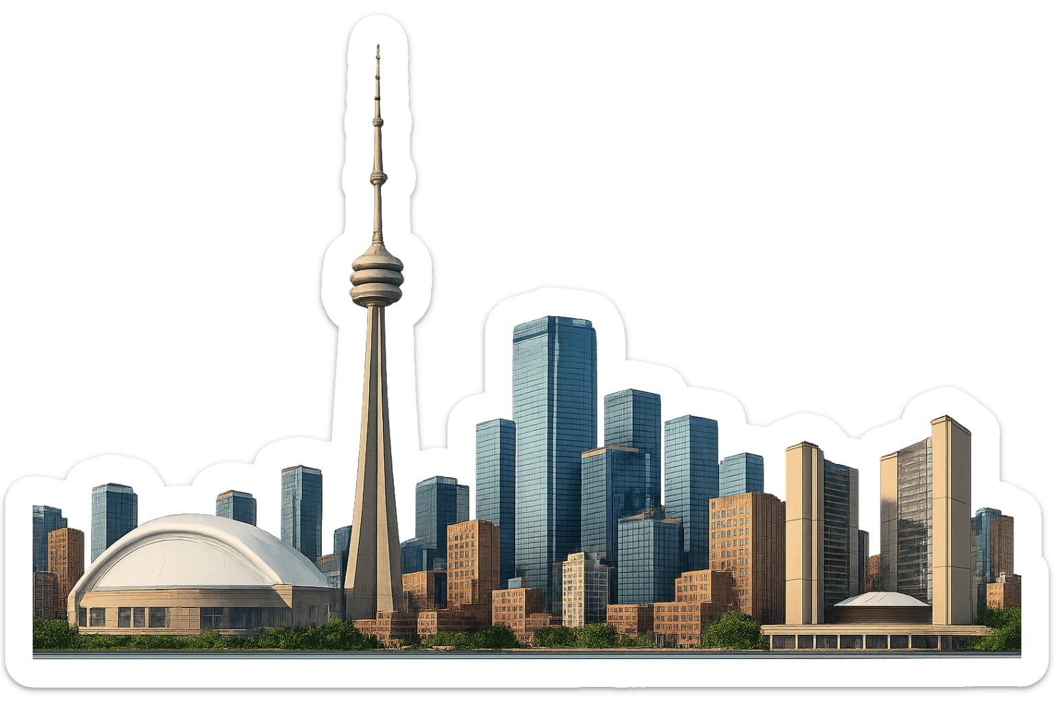 cinematic, realistic emoji of Toronto skyline with iconic landmarks such as the CN Tower, Rogers Centre, and Toronto City Hall, lifelike detail, accurate colors, bright lighting, wide city view, fully transparent background sticker