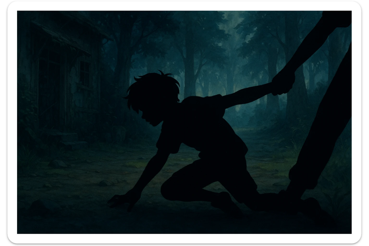a silhouette of a person being dragged away, ghibli style, moody lighting sticker