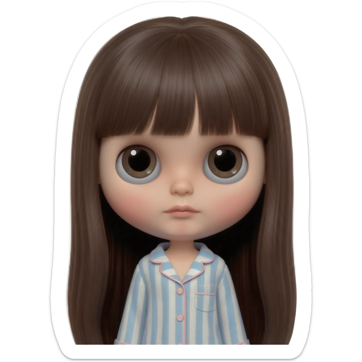 Make me an emoji that is wearing pajamas maker her a Blythe doll type emojiMake her hair longer Make her hair darker Make her hair a darker brown sticker