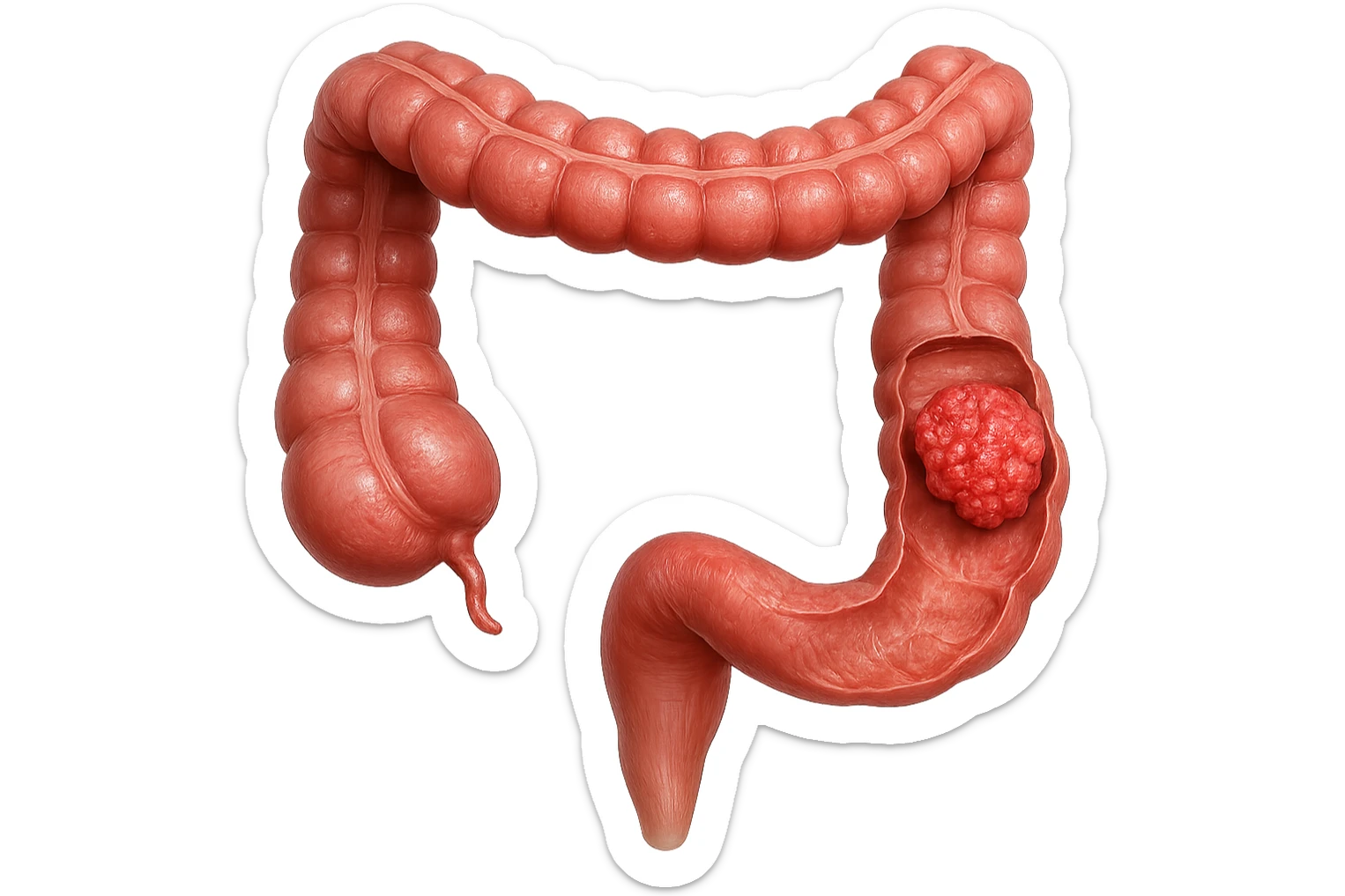 colon umano anatomico realistico malato di cancro, fai un punto visibile in cui si nota proprio la massa tumorale,+ iperrealistico 4k sticker