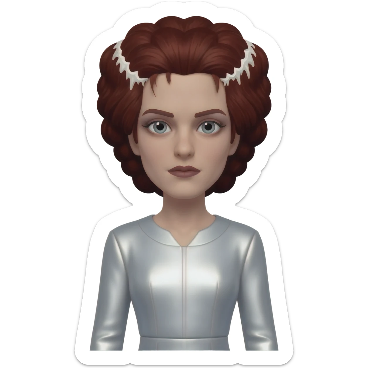 The Bride of Frankenstein from Universal Monsters with dark auburn hair with white streaks, white metallic long dress sticker