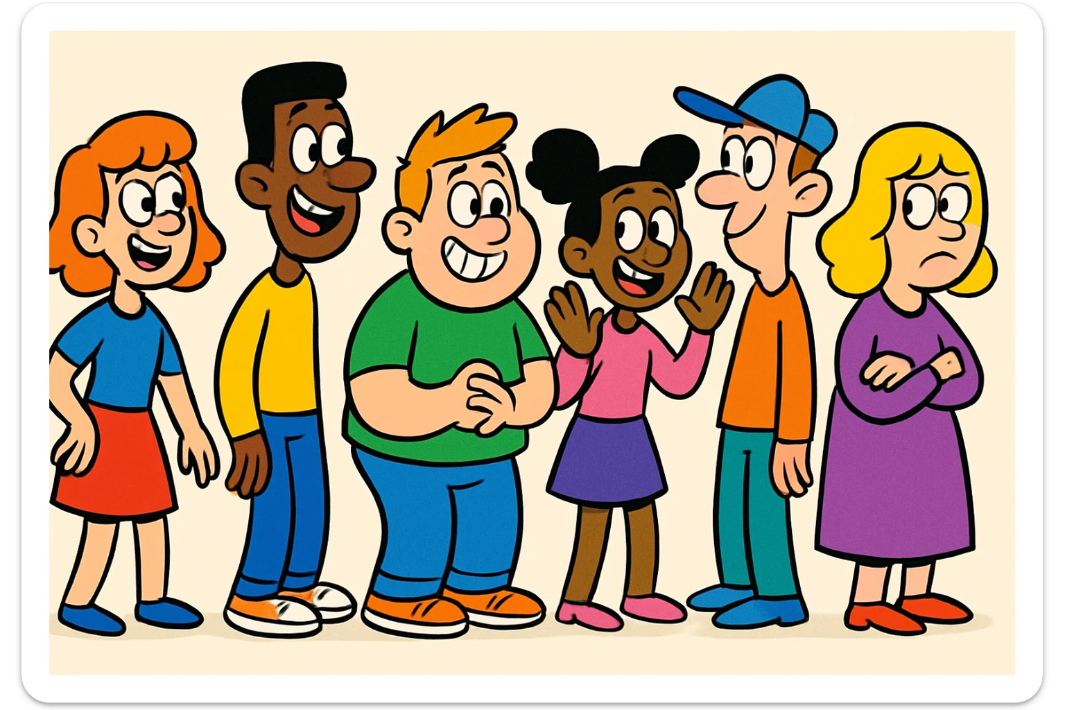 a line of people, playful and colorful, cartoon style sticker