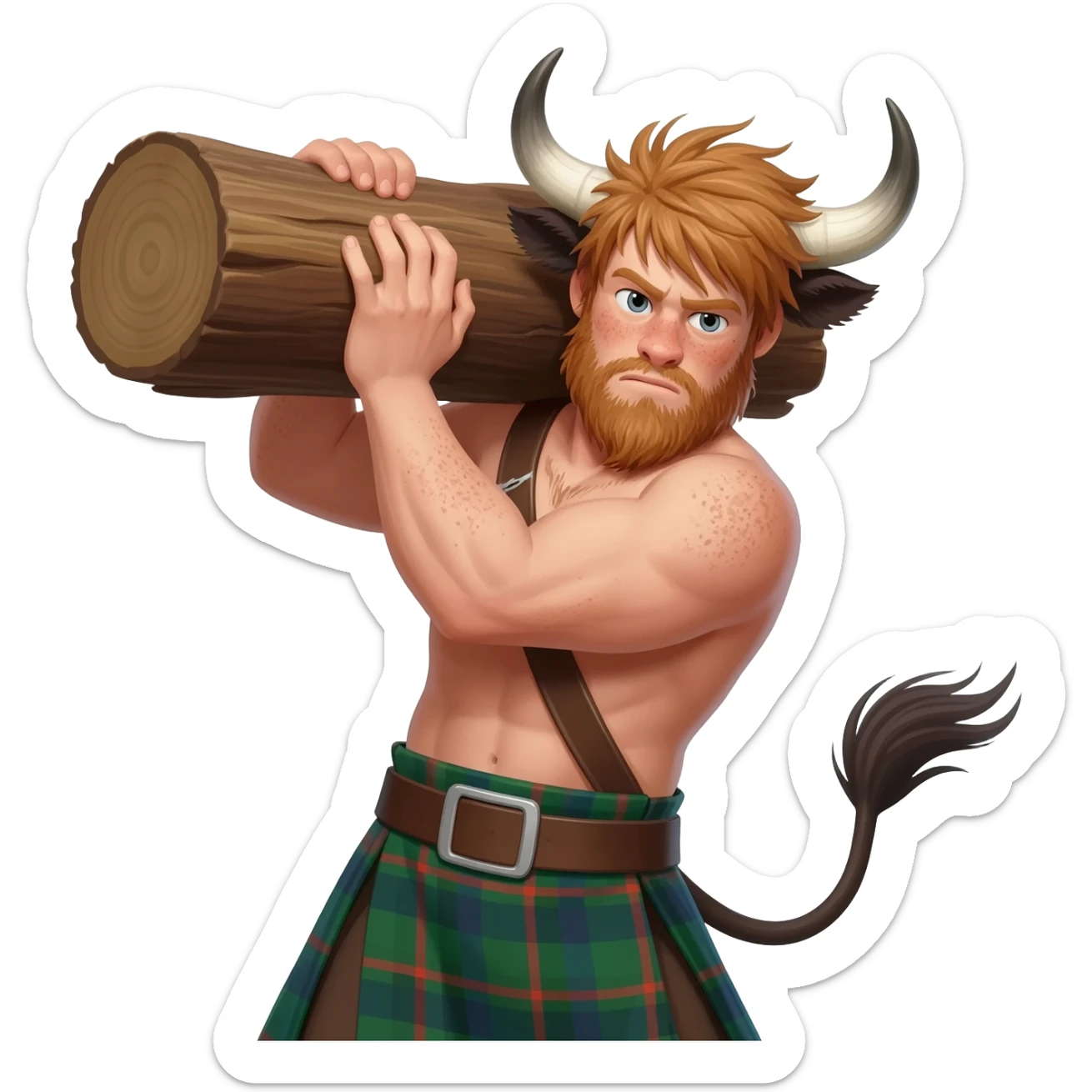 buff hairy man with freckles with messy light brown bangs that covers his face with bull horns and bull ears and bull tail dressed in kilt lifting large log with wind in his hair with belt around his chest sticker