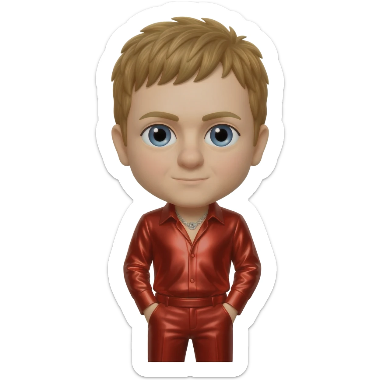 Elton John with golden brown hair, red metallic shirt, red metallic faux suit pants, silver necklace sticker