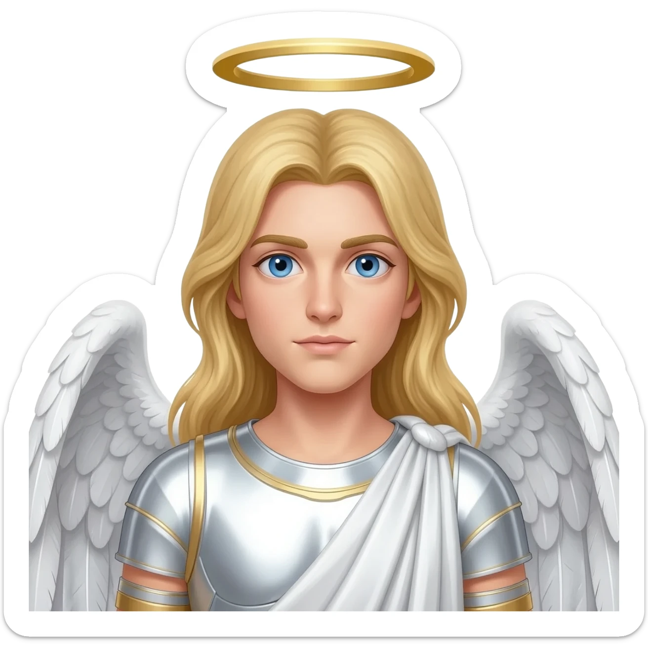 Male Guardian Angel from Christian Mythology with blue eyes, long blonde hair, white metallic toga sticker