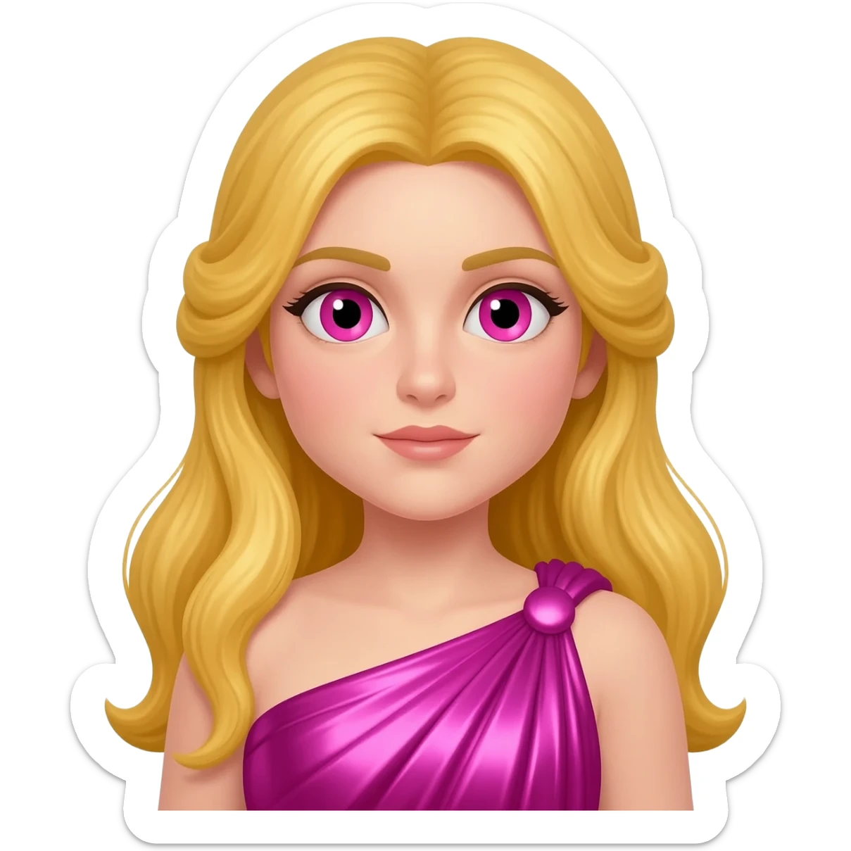 Aprodite from Greek Mythology with pink eyes, long golden blonde hair, hot pink metallic peplos sticker