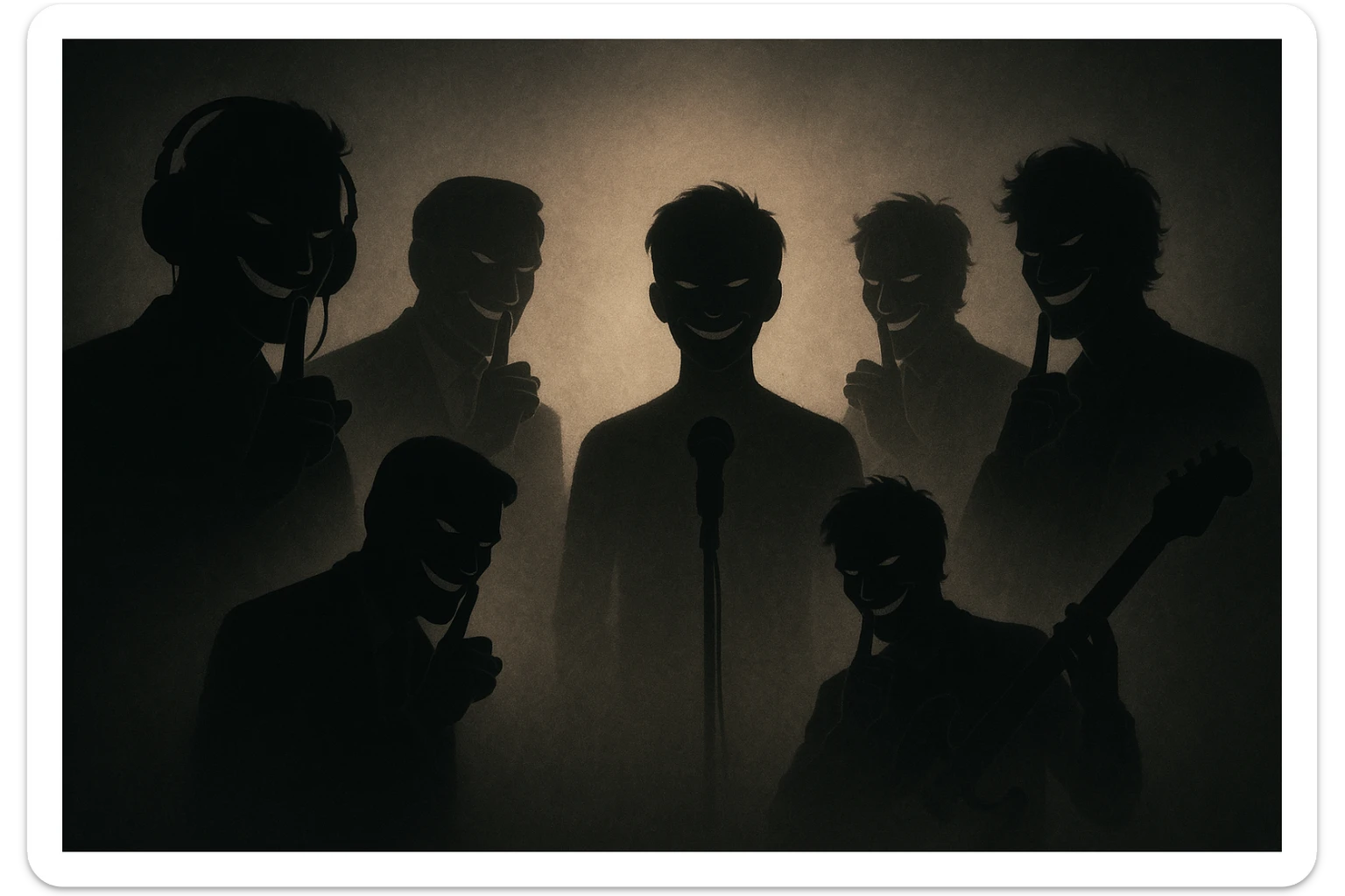 Siluetas y figuras de personas que trabajan en la industria musical, en las sombras, vistas desde lejos, con sonrisas burlonas y aire de superioridad, haciendo una señal con el dedo para pedir que otros hagan silencio o de estar guardando un secreto sticker