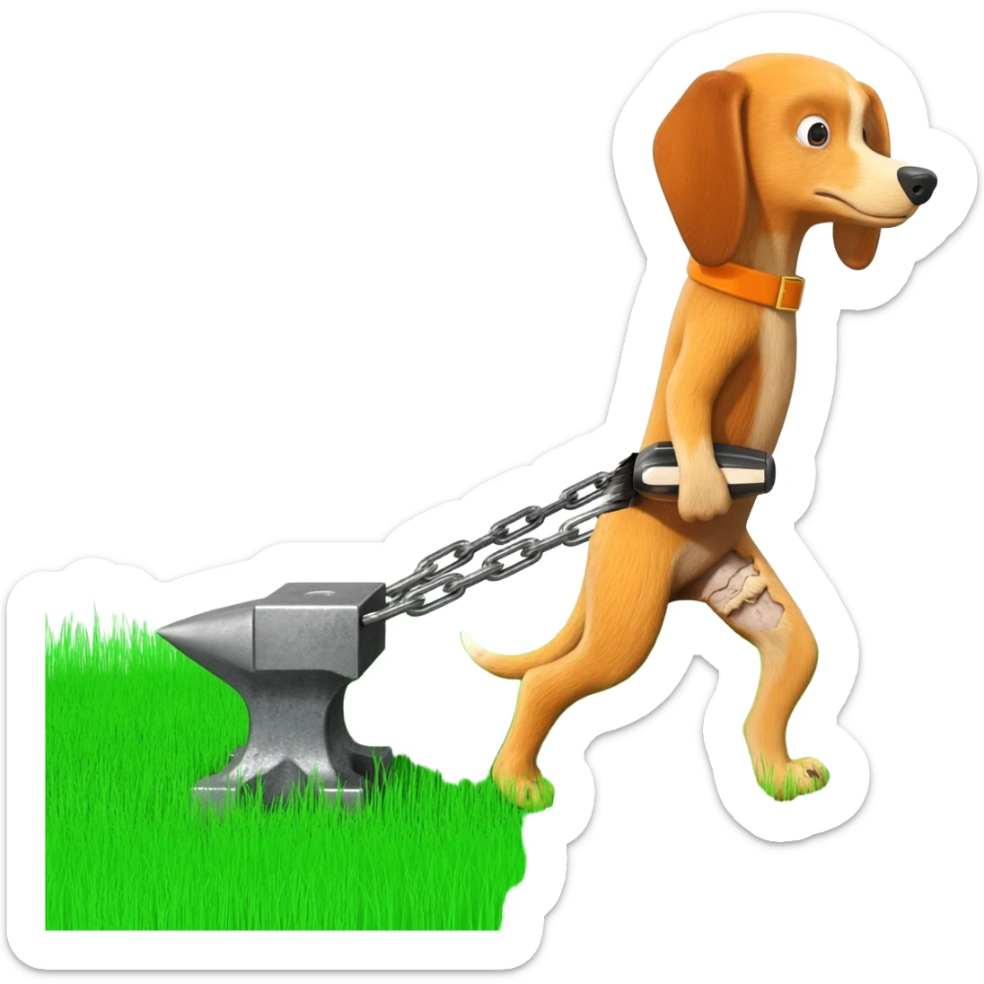 Pack hound standing on green grass pulling an anvil that has an electric shaver under anvil  show the lower cut grass path behind anvil.showing a shaven  path along green grass by leads or chains. Show the shaver cutting the grass sticker