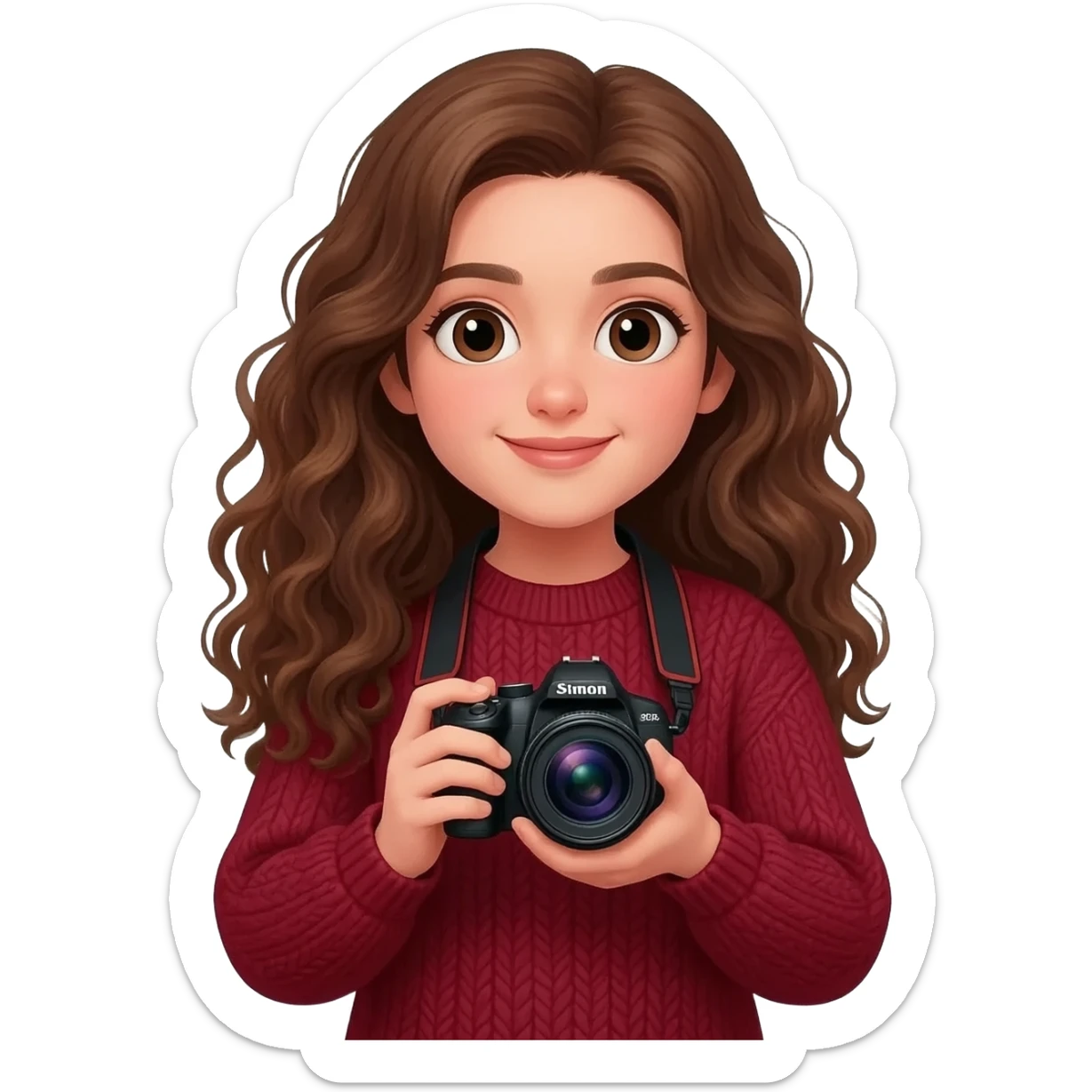 Girl brune bouclés long avec un pull rouge bordeaux avec un appareil photo en main Style IOS sticker